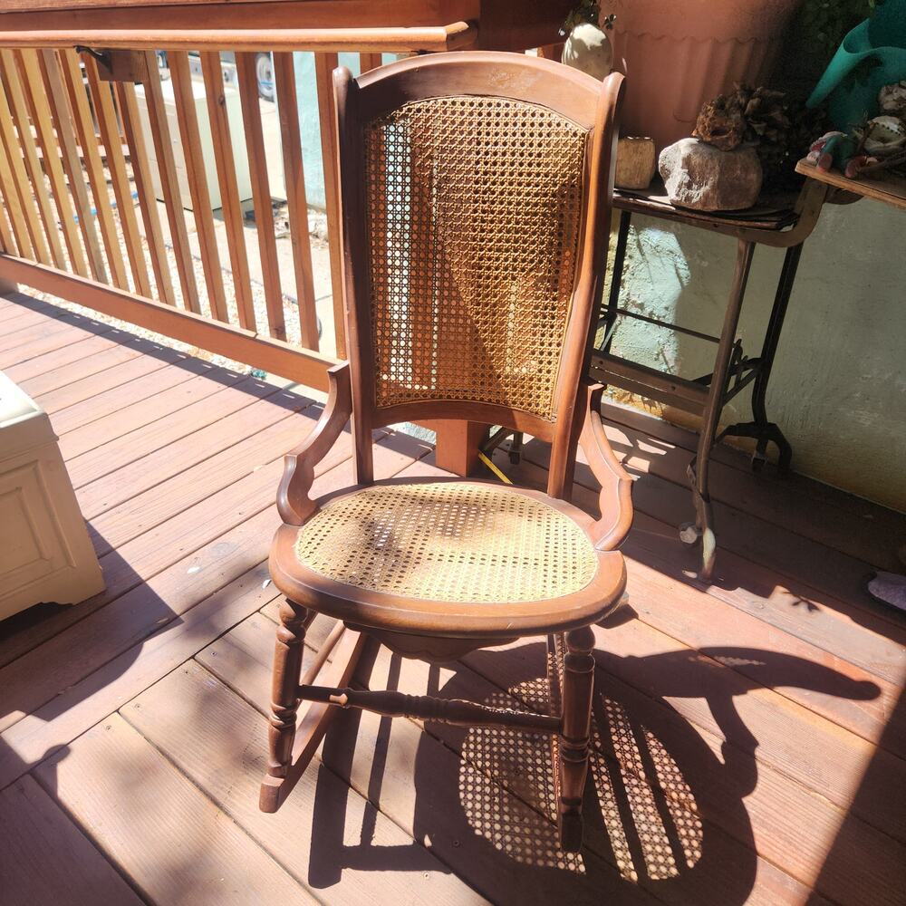 Victorian Oak Cane Back Carved Curved Rocking Chair